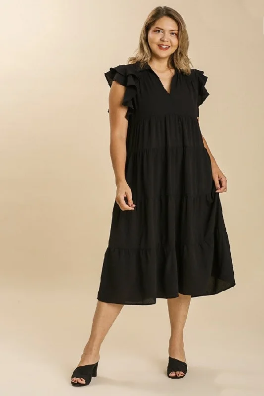 Umgee Tiered Midi Dress with Ruffled Sleeves in Black Fashionable Casual Midi Dress