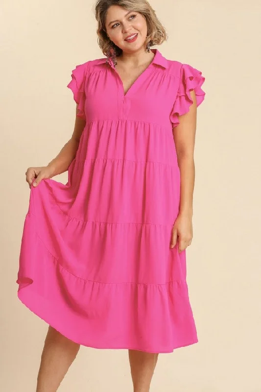 Umgee Tiered Midi Dress with Ruffled Sleeves in Hot Pink Fashionable A-Line Midi Dress