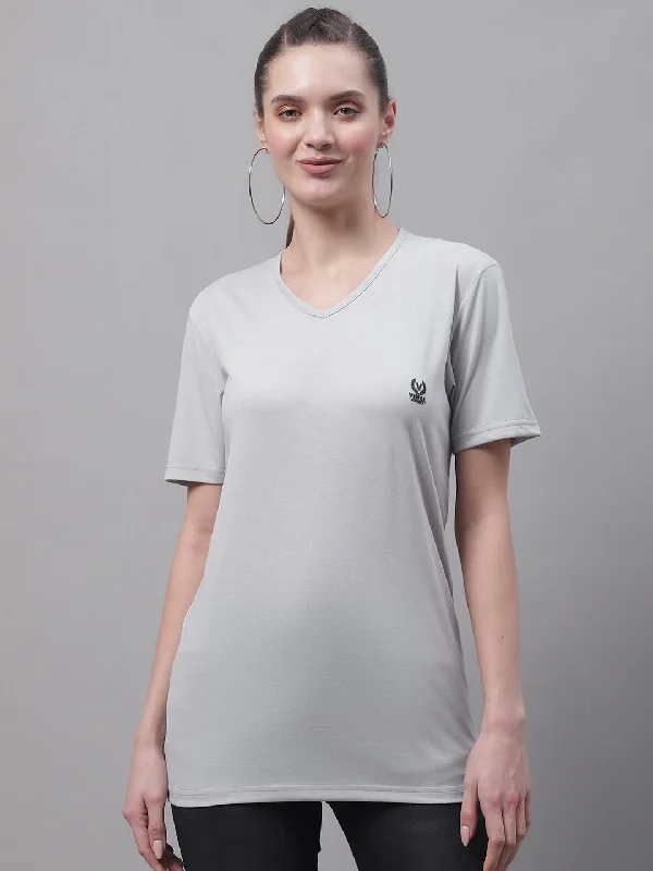 Vimal Jonney V Neck Cotton Solid Light Grey T-Shirt for Women Satin Fabric Silk Fabric Chiffon Fabric