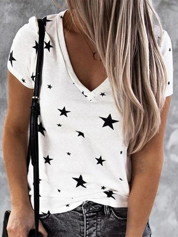 V-neck Star Print Short-sleeved T-shirt with Stylish Drop Shoulder V-Neck T-Shirt Long Sleeve Cotton