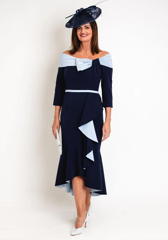 Veni Infantino Off Shoulder Bow Detail, Ruffled Midi Dress, Navy Elegant Floral Skirt Midi Dress