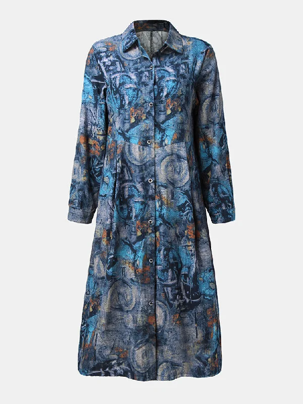 Vintage Graffiti Print Button Long Sleeve Casual Shirt Women Midi Dress Elegant Pleated Sleeve Midi Dress