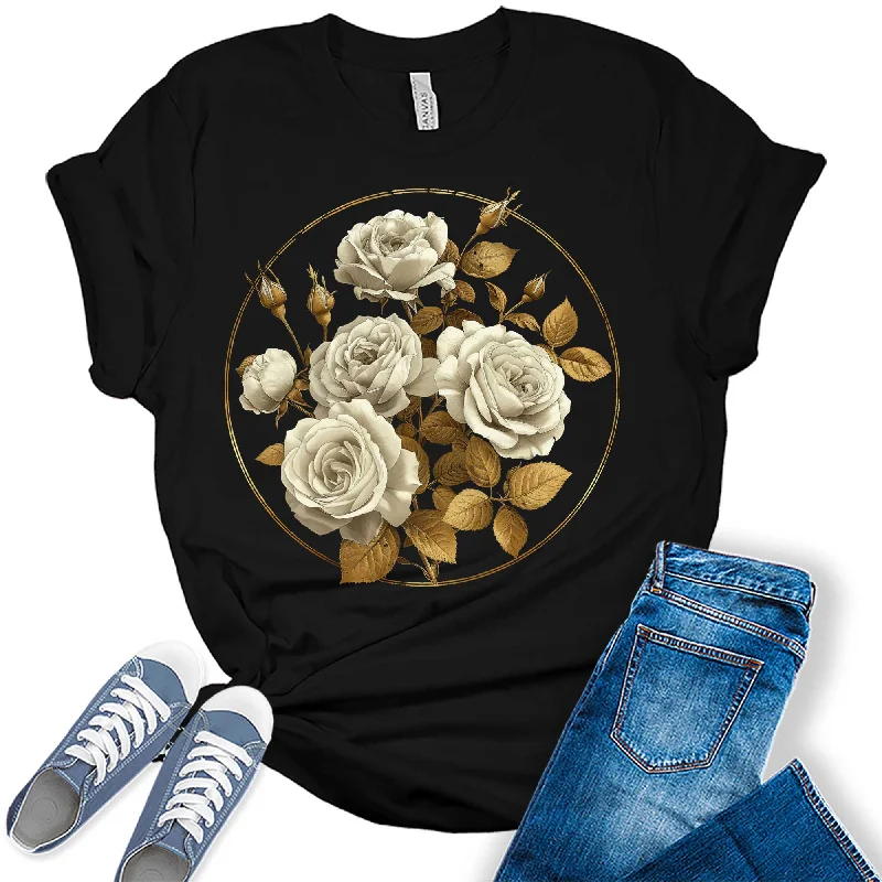 Vintage Roses Floral Circle Graphic Tees for Women Mesh Blend Leather Blend Suede Blend