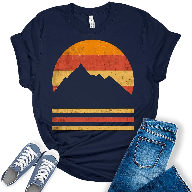 Vintage Sunset Mountains Silhouette Graphic Tees for Women Striped Floral Plaid