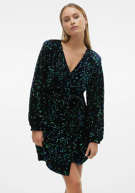 Vero Moda Bella Sequin Wrap Mini Dress, Black Elegant Vintage Mini Dress