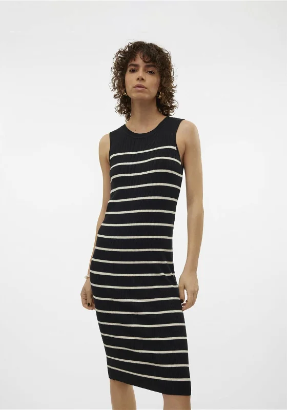 Vero Moda Gizelle Rib Stripe Midi Dress, Black Cozy Spaghetti Strap Midi Dress