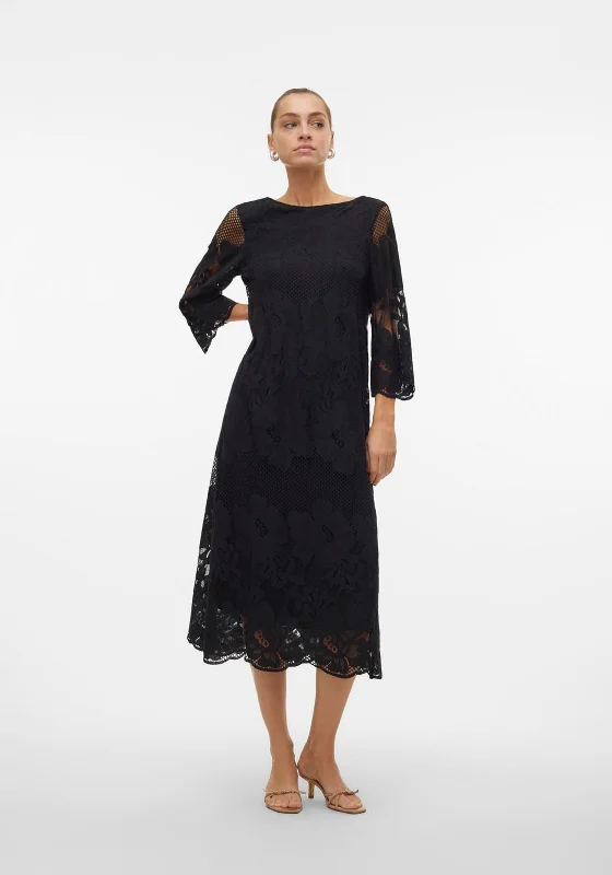 Vero Moda Luna Lace Midi Dress, Black Comfortable Short Sleeve Midi Dress