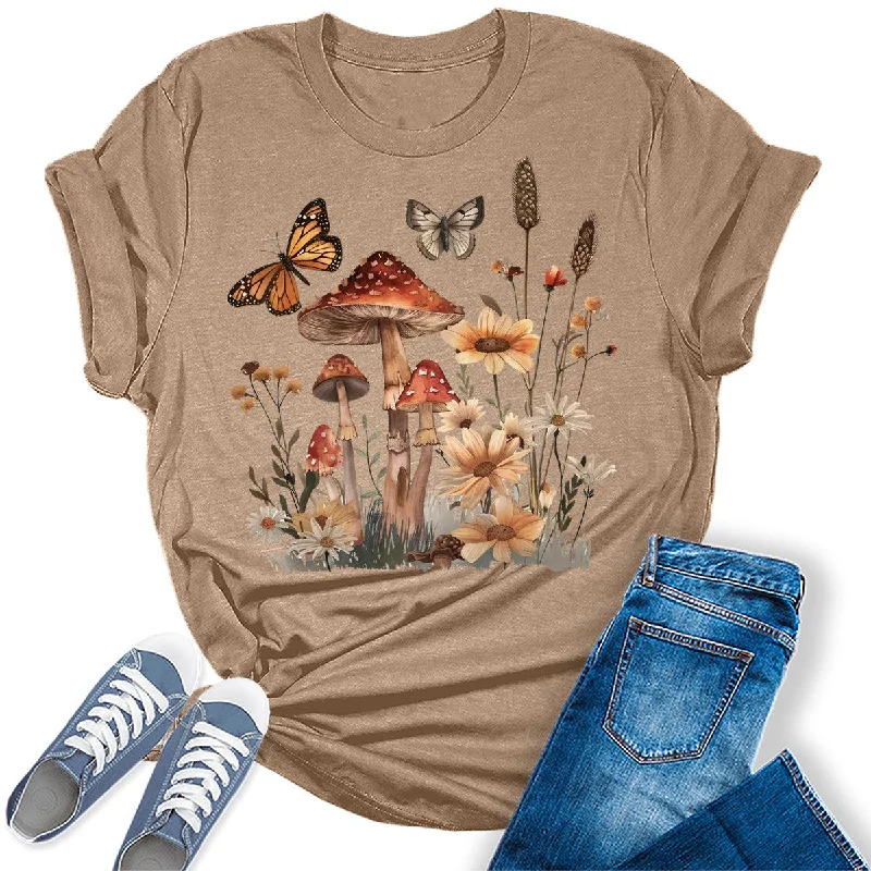 Wildflower Mushroom Butterfly Graphic Tees For Women Oversized T-Shirt Spandex breathable