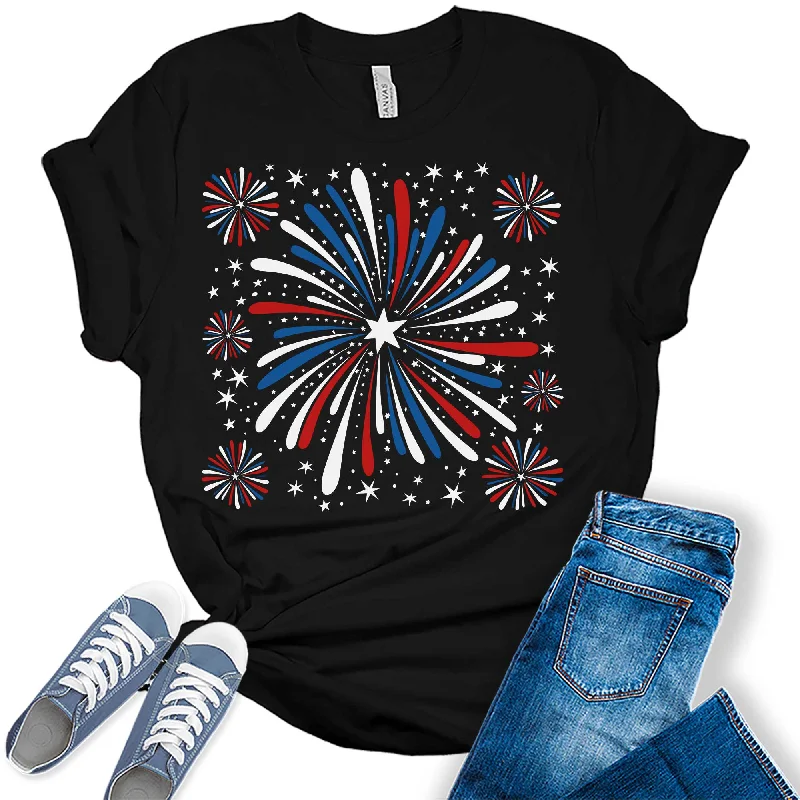 Womens 4th Of July Trendy Fireworks Patriotic Graphic Tees Print Jacquard Patchwork