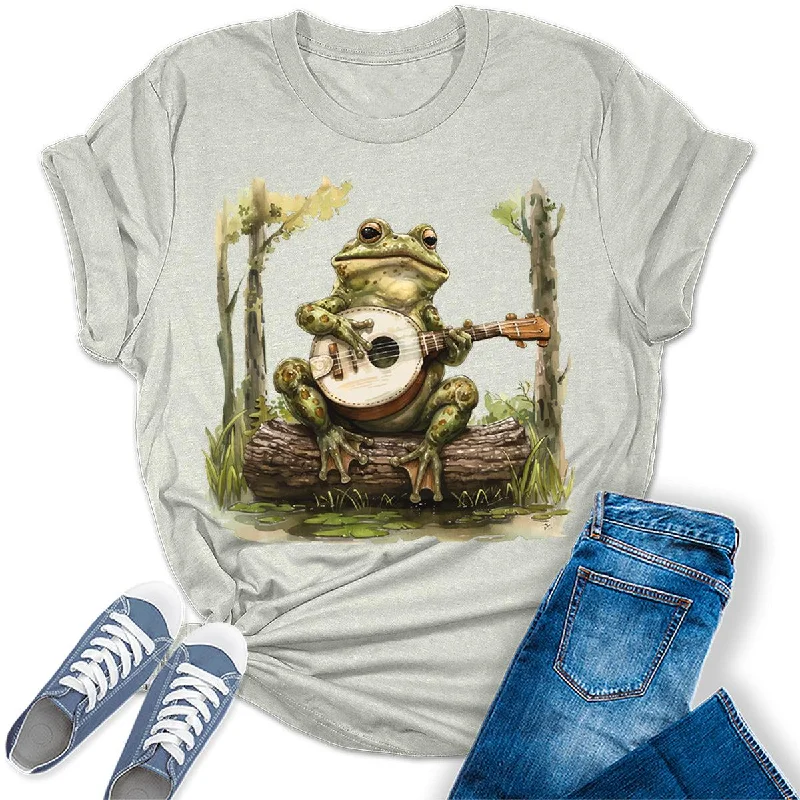 Women's Cottagecore Frog Playing Guitar Graphic Tees Notch Collar Peter Pan Collar Cowl Neck