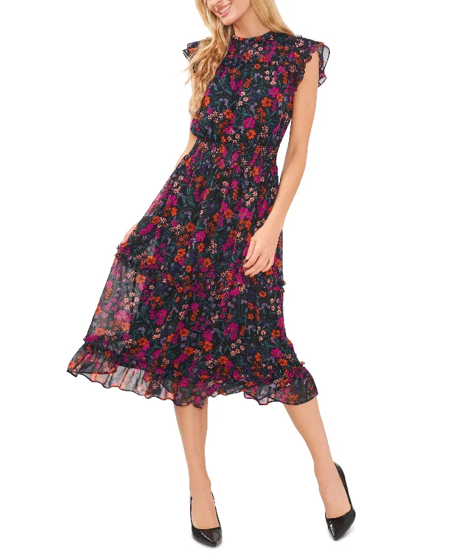 Women's Floral-Print Ruffled Cap-Sleeve Midi Dress Trendy Ruffle Hem Midi Dress