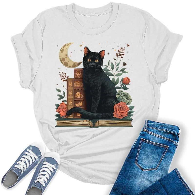 Women's Funny Bookworm Black Cat Graphic Tees Plaid T-Shirt Polka Dot Checkered