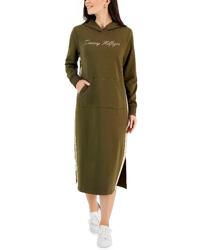 Women's Hooded Logo Long-Sleeve Midi Dress Fashionable Floral Embroidery Midi Dress