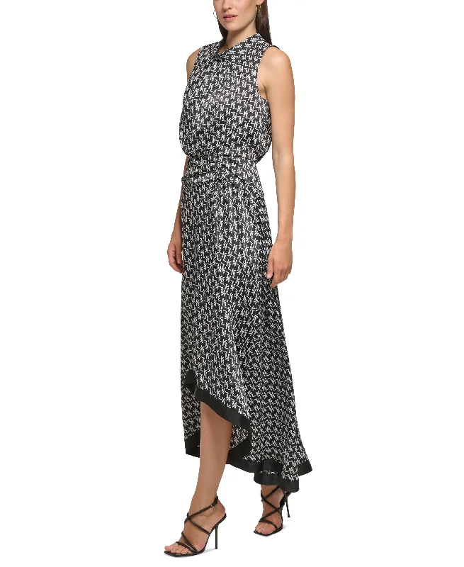 Women's Mock Neck Blouson High-Low Printed Midi Dress Elegant Velvet Midi Dress