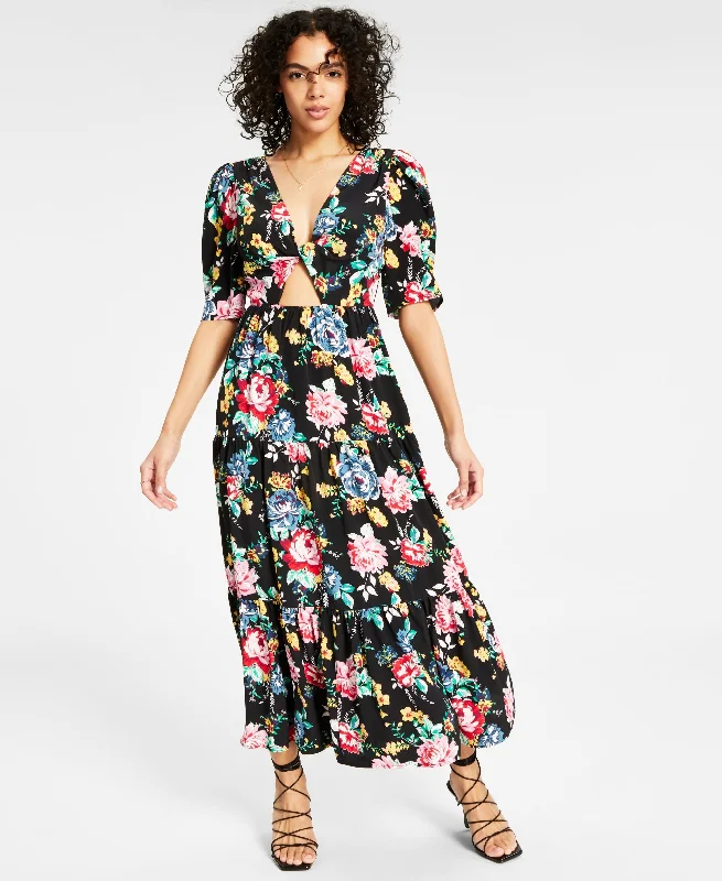 Women's Printed Twist-Front Cut-Out Tiered Keyhole Midi Dress Fashionable Pleated Midi Dress