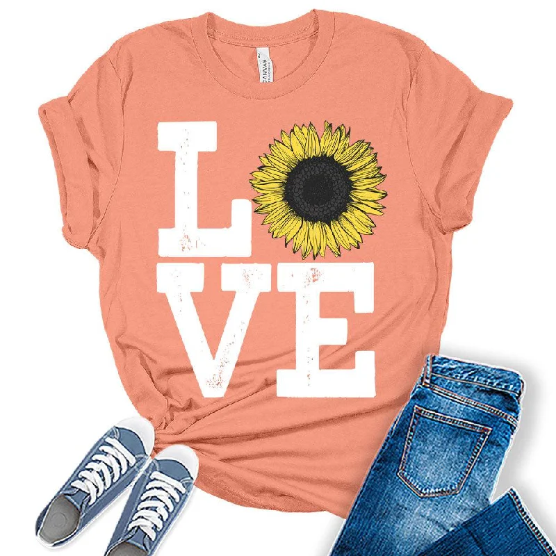 Womens Sunflower Casual Ladies Cute Floral Love Graphic Tees Spring Short Sleeve Plus Size Summer Tops for Women Polka Dot Checkered Tartan