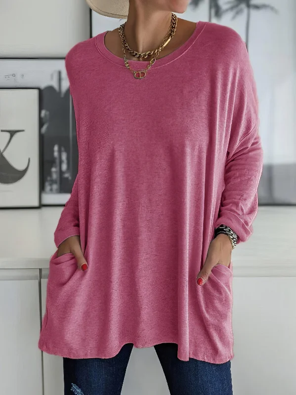 Women's T-Shirts Loose Solid Round Neck Pocket Long Sleeve T-Shirt Cozy Warm Stylish