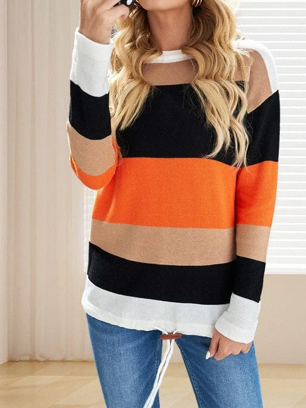 Multicolor Striped Round Neck Long Sleeve T-Shirt V-Neck T-Shirt Long Sleeve Cotton