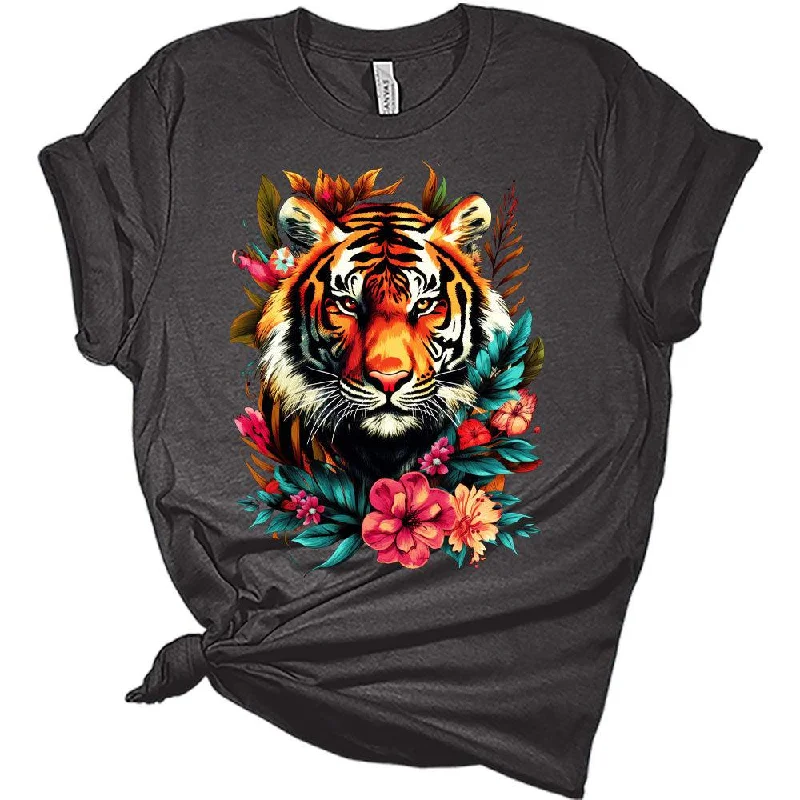 Womens Groovy Floral Tiger Shirts Cute T-Shirt Short Sleeve Tops Summer Crewneck Graphic Tee Fashionable Trendy Casual Womens Groovy Floral Tiger Shirts Cute T-Shirt Short Sleeve Tops Summer Crewneck Graphic Tee Fashionable Trendy Casual