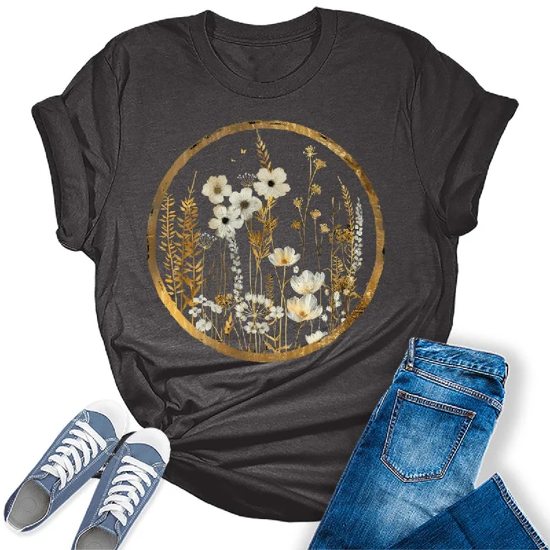 Women's Wildflower Floral Moon Graphic Tees Embroidered Appliqued Beaded