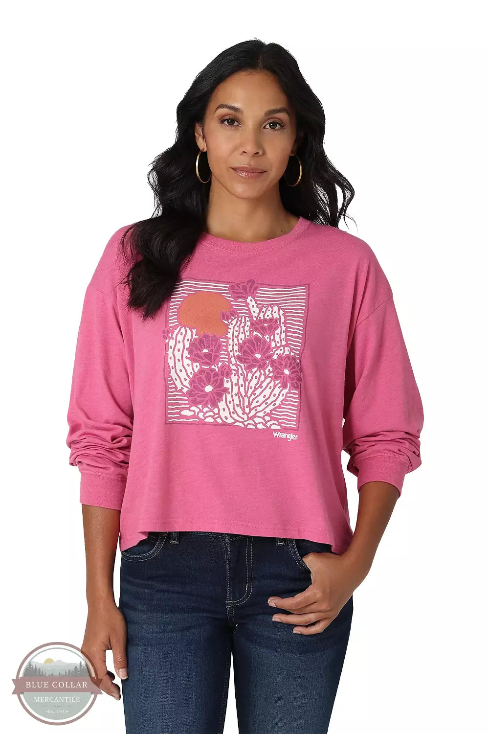 112336215 Cactus Print Boyfriend Crop Long Sleeve T-Shirt Mesh Fabric Canvas Fabric Denim Fabric