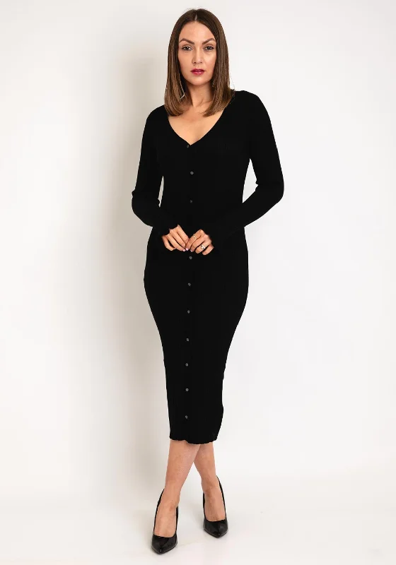 Y.A.S Ease Light Knit Ribbed Midi Dress, Black Chic Lace Detail Midi Dress