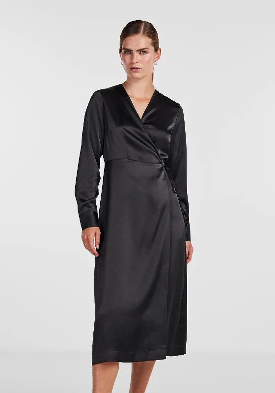 Y.A.S Pella Satin Wrap Midi Dress, Black Trendy Ruffled Sleeve Midi Dress