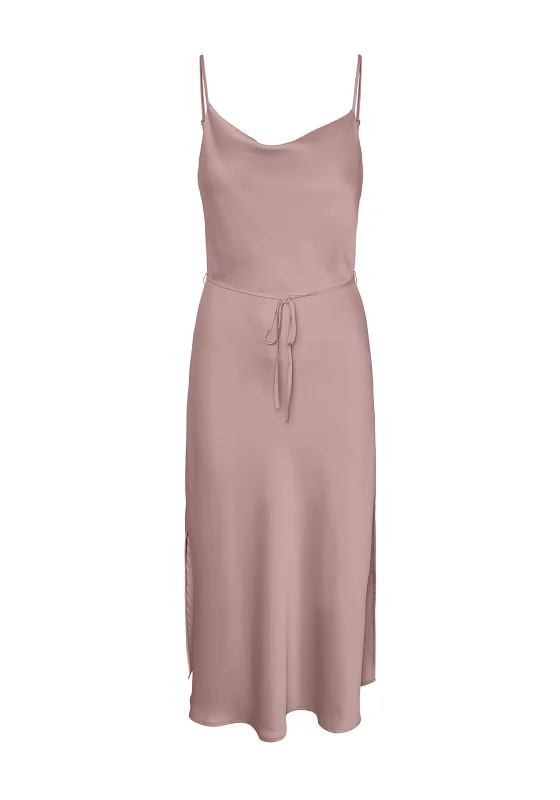 Y.A.S Thea Satin Slip Midi Dress, Pale Mauve Trendy Off-Shoulder Ruffle Midi Dress