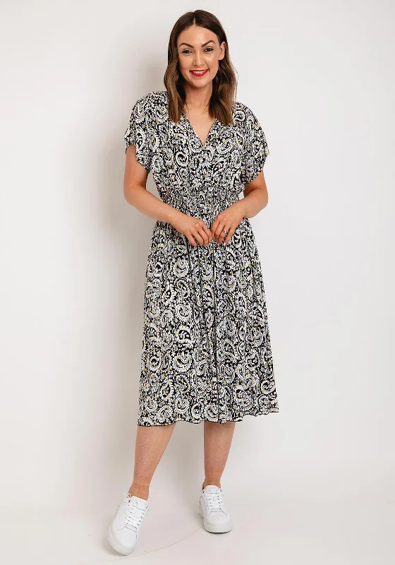 Serafina Collection One Size Paisley Print Midi Dress, Black & White Fashionable A-Line Midi Dress