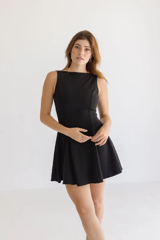 Laurel Sleeveless Boat Neck Mini Dress Black Trendy Crossover Mini Dress