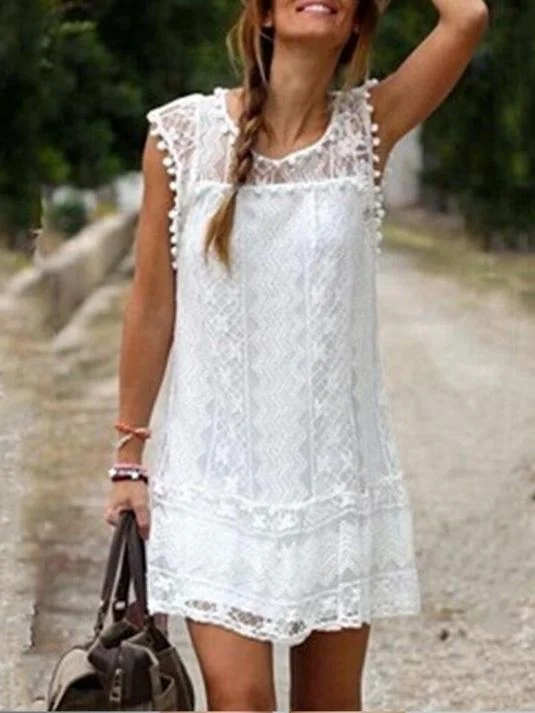 Round Neck Lace Casual Beach Mini Dress Comfortable Zip-Up Mini Dress