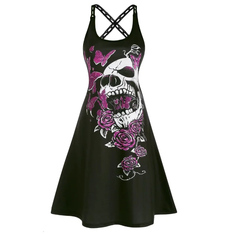 Skull Rose Print Gothic Mini Dress Cross Back Cut-Out Strap A Line Chic Tropical Mini Dress