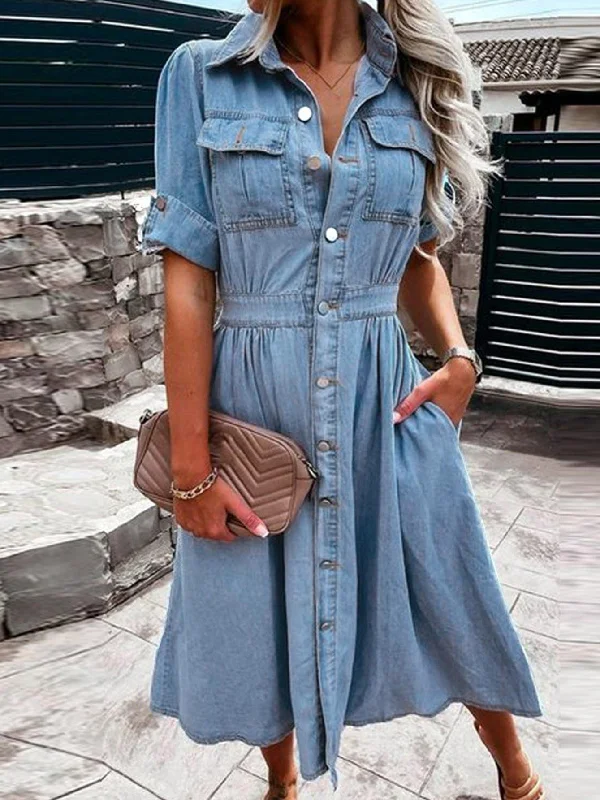 A-Line Flap Pockets Rolled Sleeve V-Neck Casual Lapel Denim Maxi Dresses Fashionable Button-Down Maxi Dress