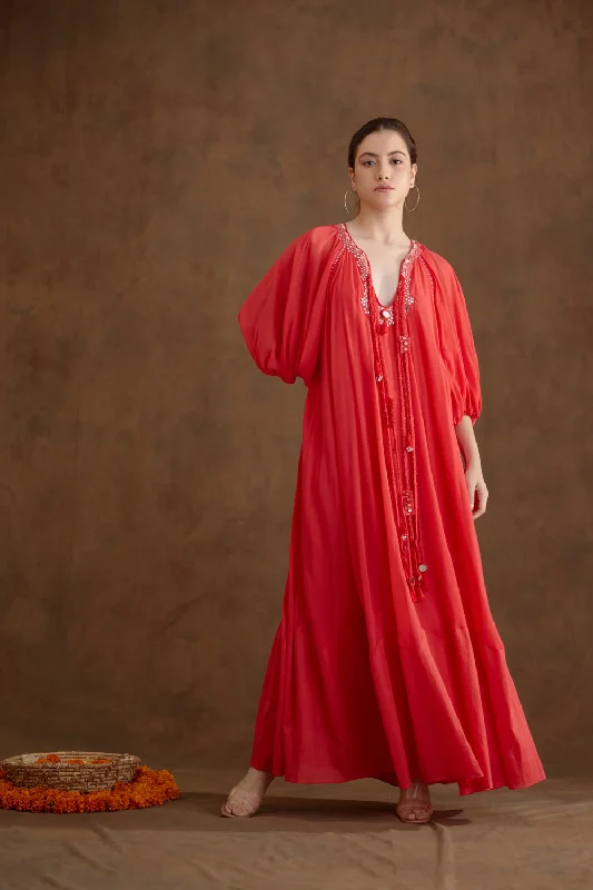 Coral Hand Embroidered Maxi Dress Cozy Knitted Maxi Dress