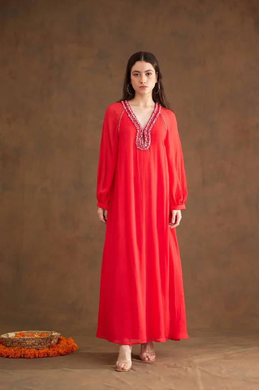 Coral Maxi Dress Elegant Pleated Maxi Dress