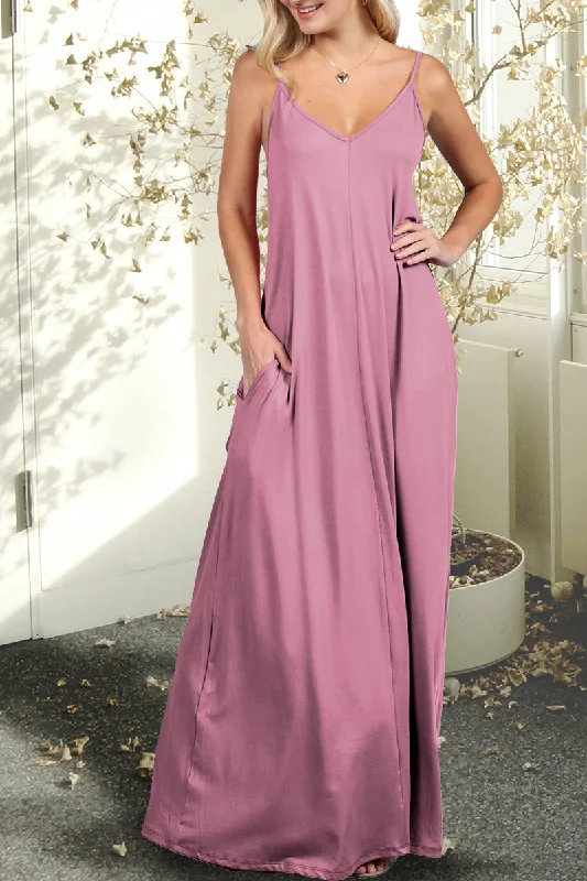 WOMENS SLEEVELESS CAMISOLE NECKLINE MAXI DRESS WITH SPAGHETTI STRAP AND 2 SIDE HAND POCKETS Cozy Knitted Maxi Dress WOMENS SLEEVELESS CAMISOLE NECKLINE MAXI DRESS WITH SPAGHETTI STRAP AND 2 SIDE HAND POCKETS Cozy Knitted Maxi Dress