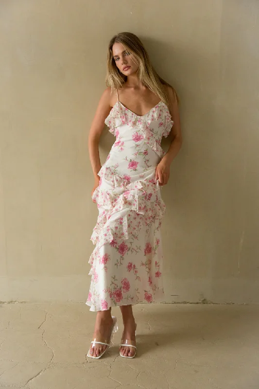Brea Floral Tiered Ruffle Maxi Dress Comfortable Plunging Neckline Maxi Dress