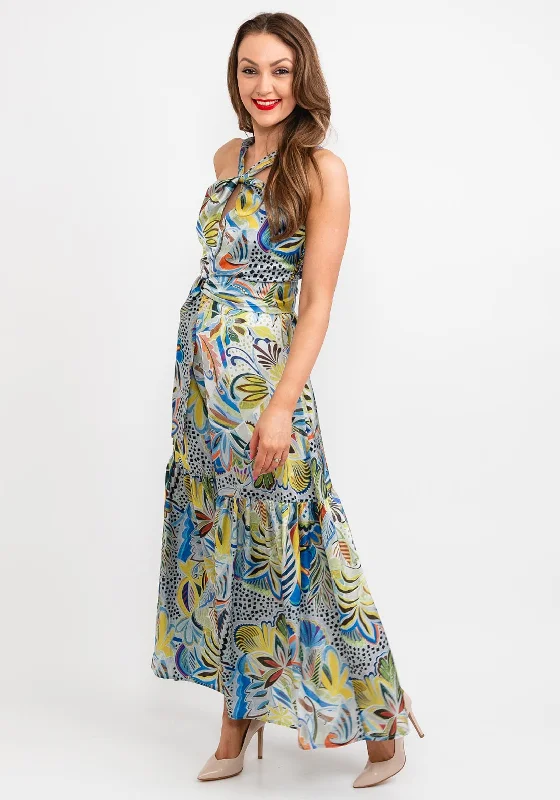 Camelot Halter Neck Leaf Print Satin Maxi Dress, Green Multi Stylish Longline Maxi Dress Camelot Halter Neck Leaf Print Satin Maxi Dress, Green Multi Stylish Longline Maxi Dress