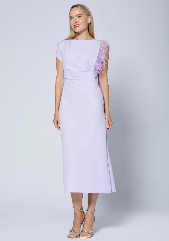 Caroline Kilkenny Trish Feather Shoulder Maxi Dress, Lilac Comfortable Pleated Maxi Dress