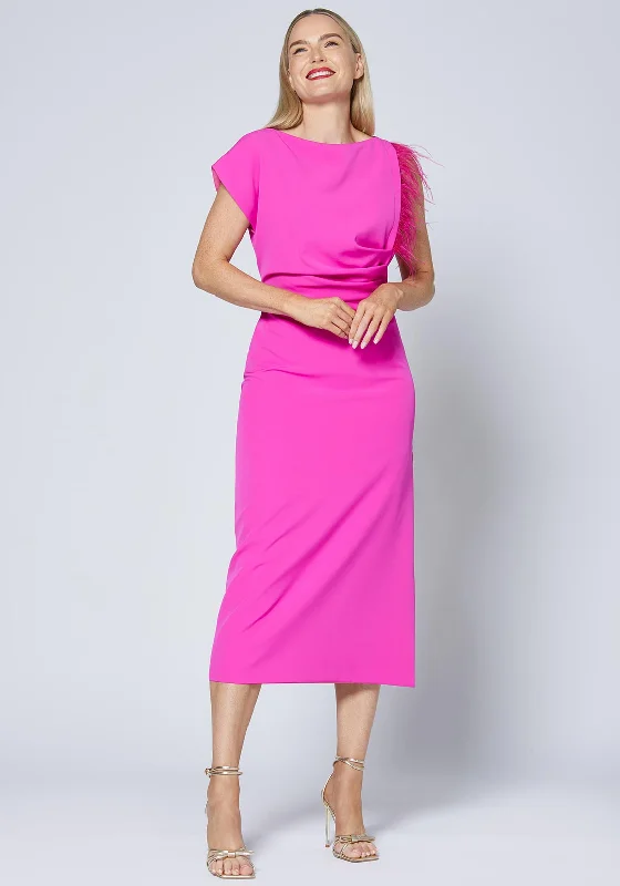 Caroline Kilkenny Trish Feather Shoulder Maxi Dress, Lipstick Pink Cozy Maxi Dress with Slit