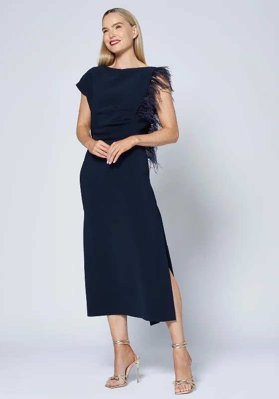 Caroline Kilkenny Trish Feather Shoulder Maxi Dress, Navy Fashionable High-Waist Maxi Dress