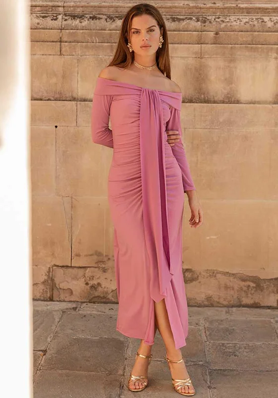Cayro Florence Ruched Maxi Dress, Mauve Elegant Silk Maxi Dress