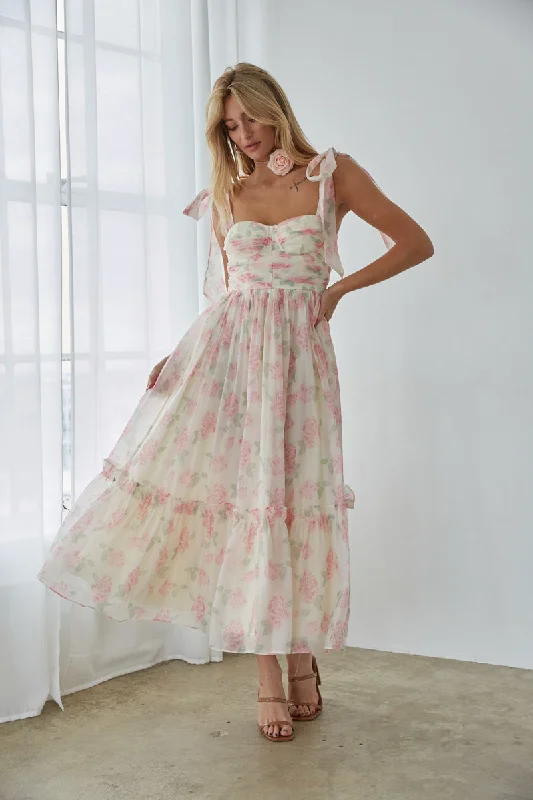 Celine Floral Tie Strap Bustier Maxi Dress Fashionable High-Waist Maxi Dress