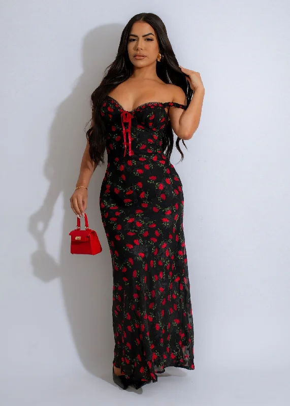 Crimson Blooms Maxi Dress Black Fashionable Faux Wrap Maxi Dress