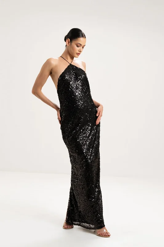 CROSS-NECK SEQUIN MAXI DRESS Trendy Printed Maxi Dress