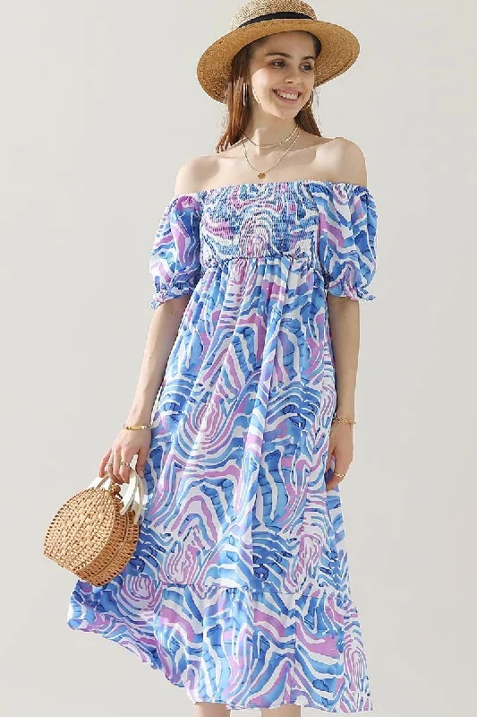 MABLE PATTERN OFF SHOULDER FLARE MAXI DRESS Comfortable Plunging Neckline Maxi Dress
