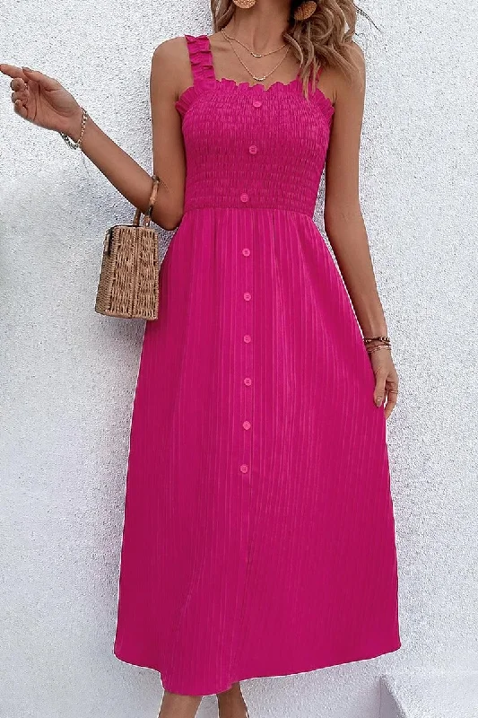 WAVE STRAP BUTTON POINT WRINKLED MAXI DRESS Fashionable Sheer Maxi Dress