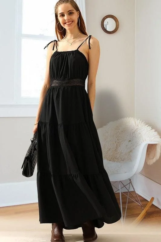 TIED STRING SPAGHETTI STRAP LACE WAIST MAXI DRESS Stylish Boho Chic Maxi Dress