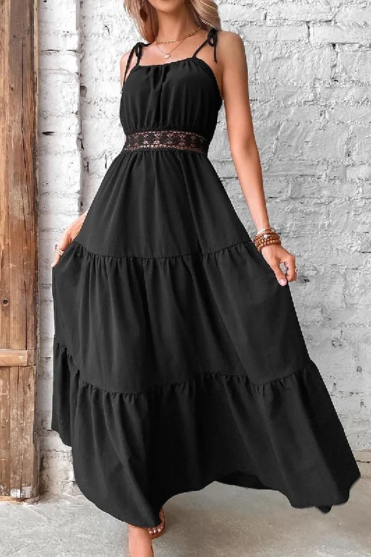 TIED STRING SPAGHETTI STRAP LACE WAIST MAXI DRESS Trendy Floral Print Maxi Dress