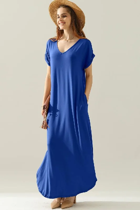 SHORT SLEEVE V-NECK MAXI DRESS WITH SIDE SLIT Fashionable Layered Maxi Dress